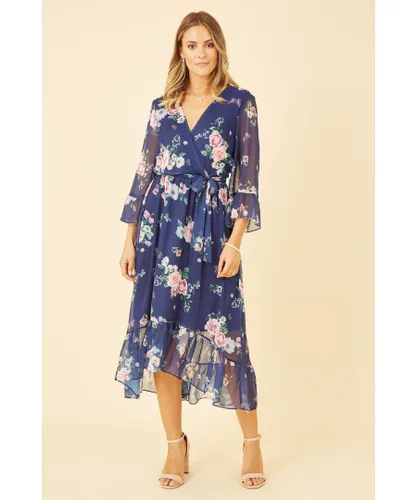 Yumi Womens Navy Floral Wrap Dress With Dipped Hem