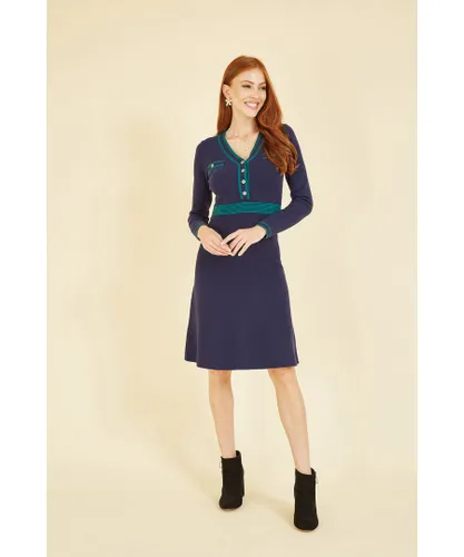 Yumi Womens Navy Knitted Dress With Contrast Waistband and Button Detail Viscose