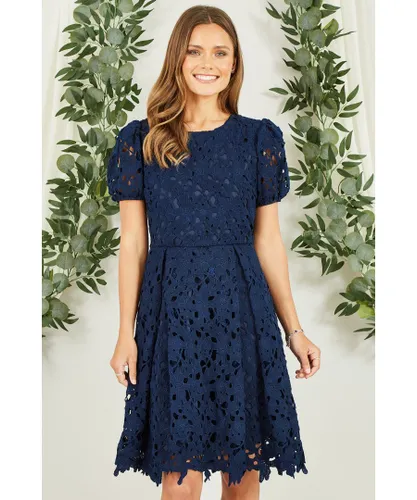 Yumi Womens Navy Lace Skater Dress With Puff Sleeves