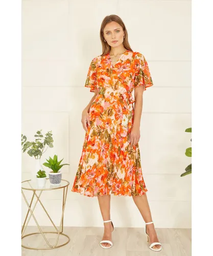 Yumi Womens Orange Floral Midi Wrap Pleated Dress