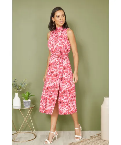 Yumi Womens Pink Blossom Print Halter Neck Midi Dress With Split Hem