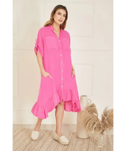 Yumi Womens Pink Italian Linen Shirt Dress With Frill Hem