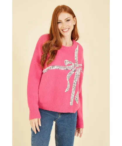 Yumi Womens Pink Sequin Bow Knitted Jumper