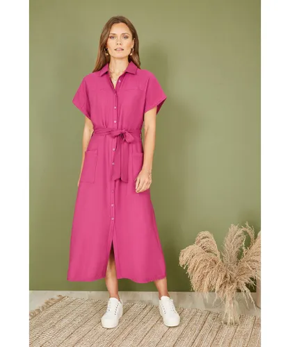 Yumi Womens Pink Viscose Relaxed Midi Shirt Dress With Pockets