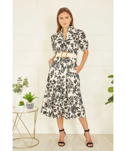 Yumi Womens Premium Black Leaf Print Broderie Anglaise Cotton Midi Shirt Dress With Matching Belt