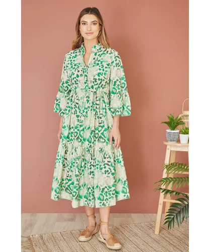 Yumi Womens Premium Green Animal Print Broderie Anglaise Cotton Midi Shirt Dress