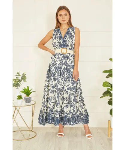 Yumi Womens Premium Navy Floral Border Print Broderie Anglaise Cotton Midi Dress