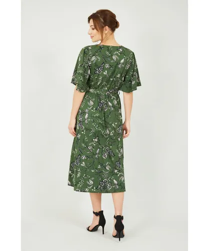 Yumi Womens Recycled Bird Print Wrap Midi Dress - Green