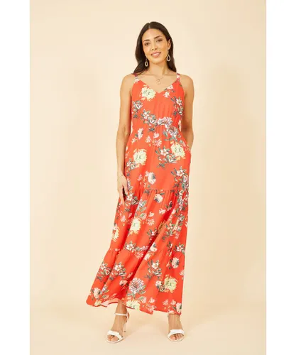 Yumi Womens Red Floral Strappy Tiered Maxi Dress