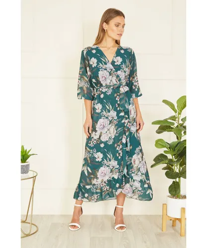 Yumi Womens Teal Floral Wrap Midi Dress With Frill