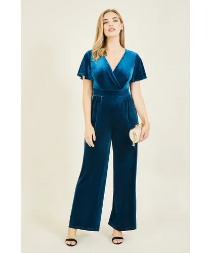 Yumi Womens Teal Jumpsuit With Angel Sleeves
