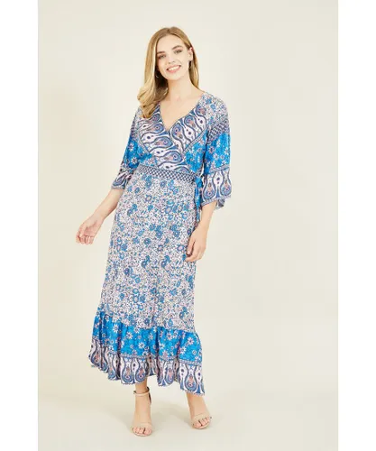 Yumi Womens V Neck Floral Casual Maxi Dress - Blue Cotton