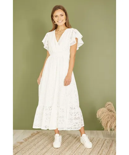 Yumi Womens White Cotton Broderie Anglaise Wrap Midi Dress