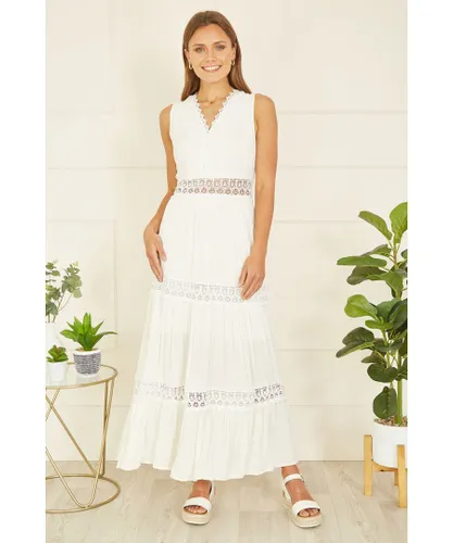 Yumi Womens White Lace Trim Cotton Midi Sun Dress