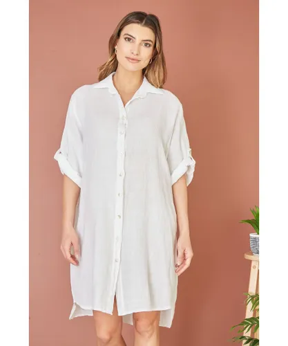 Yumi Womens White Linen Relaxed Fit Longline Shirt