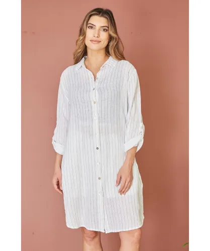 Yumi Womens White Stripe Linen Relaxed Fit Longline Shirt