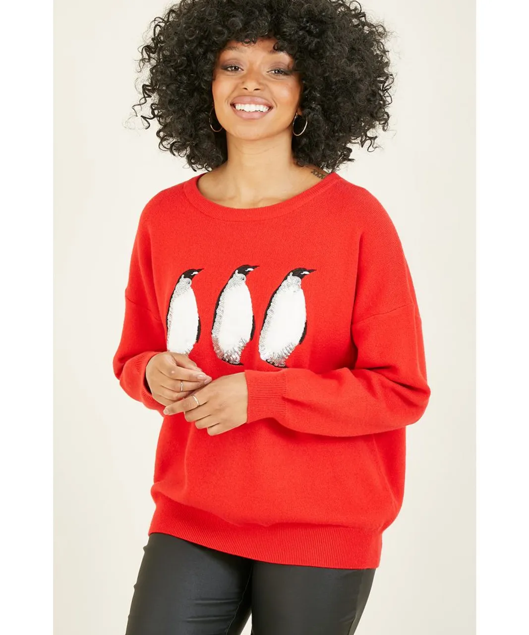 Yumi Womens Xmas Festive Penguin Knitted Jumper - Red Viscose