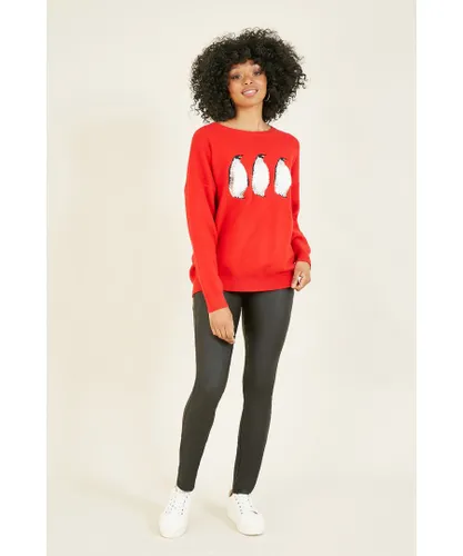 Yumi Womens Xmas Festive Penguin Knitted Jumper - Red Viscose