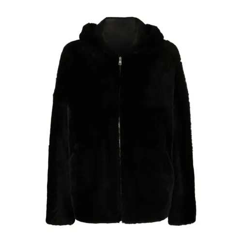 Yves Salomon , Black Fur Hooded Coat with Zipper ,Black female, Sizes: