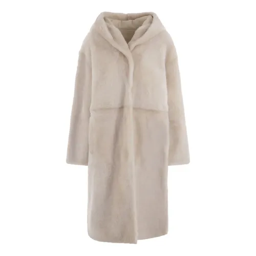 Yves Salomon , Shearling Hooded Coat with Snap Closure and Pockets ,Beige female, Sizes: