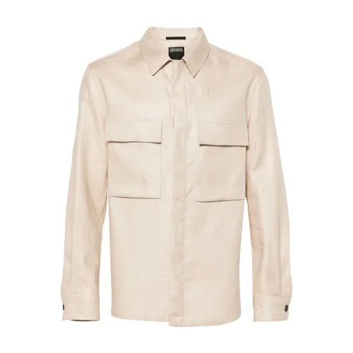 Z Zegna , Beige Linen Overshirt Jacket ,Beige male, Sizes: