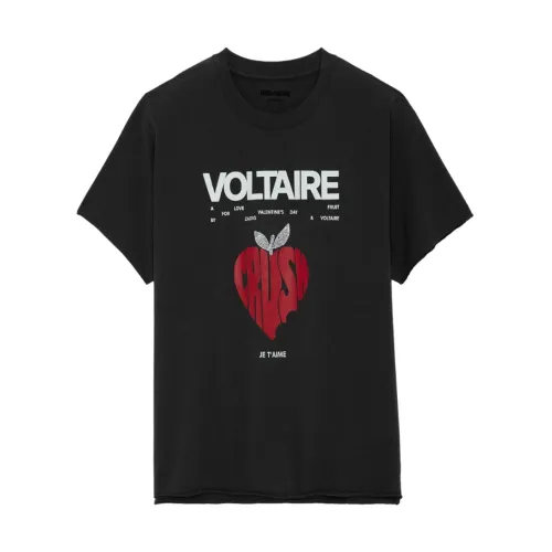 Zadig & Voltaire , Dark Grey Cotton T-shirt with Rhinestone Details ,Black female, Sizes: