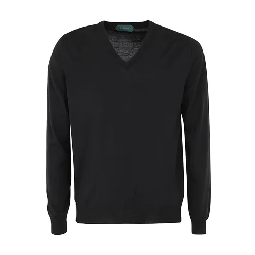 Zanone , V-Neck Basic Pullover Sweater ,Black male, Sizes: