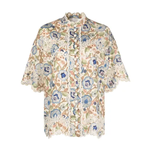 Zimmermann , Floral Embroidered Linen Shirt ,White female, Sizes: