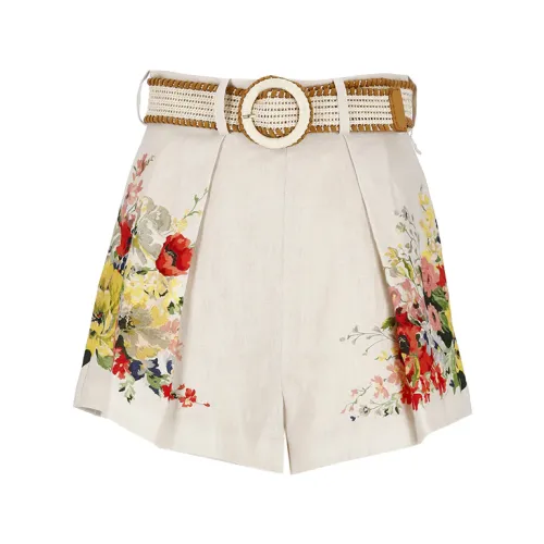 Zimmermann , Ivory Linen Shorts with Floral Pattern ,Beige female, Sizes: