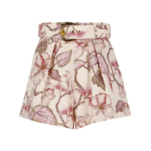 Zimmermann , Pink Floral Linen Shorts with Belt ,Pink female, Sizes: