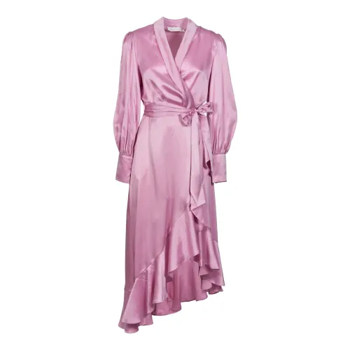 Zimmermann , Pink Silk Wrap Midi Dress Ruffle ,Pink female, Sizes: