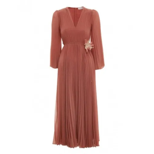 Zimmermann , Terracotta Midi Dress with Sunray Pleats and Flared Sleeves ,Brown female, Sizes: