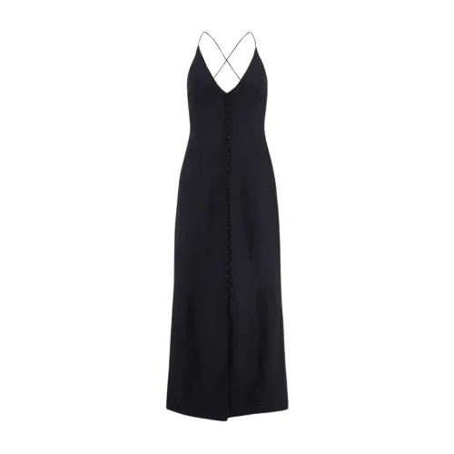 Zimmermann , V-neck Linen Midi Dress ,Black female, Sizes: